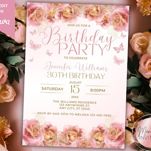 Editable Elegant Pink Gold Floral Birthday Party Invitation Template, Women&#39;s Birthday Party, Spring Garden Party, Instant Download, BP59