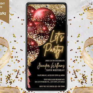 Digital Red Gold Balloons Birthday Party Invitation, Electronic Phone Text Invite, Neon Let&#39;s Party, Editable Template, Instant Download