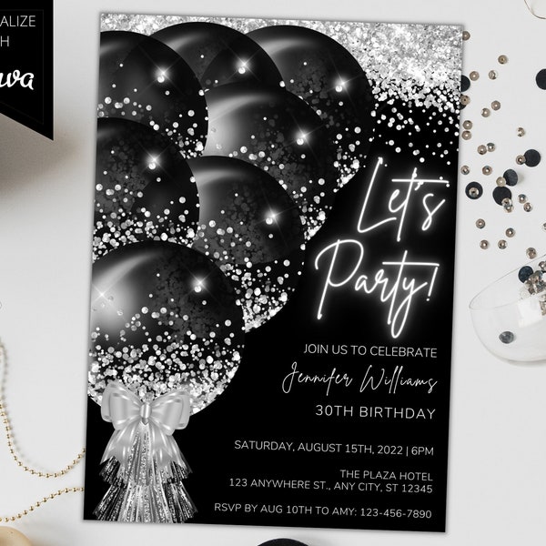 Editable Black Silver Glitter Balloon Birthday Party Invitation, Printable Invite, Let's Party, Any Age, Editable Template, Instant Download