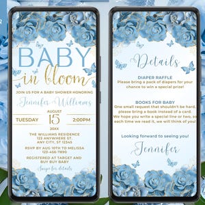 May include: Blue and gold baby shower invitation with floral design. The invitation reads "Baby in Bloom" and includes details for a baby shower honoring Jennifer Williams on August 15th at 2:00 PM. The back of the invitation includes details about a diaper raffle and a request for books instead of cards.