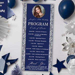 Modèle photo modifiable de carte de programme d'événement bleu argent élégant, remerciement, itinéraire, programme de table, toile, téléchargement immédiat