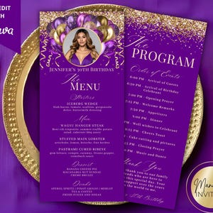 May include: A purple and gold birthday party menu and program template. The menu features a photo, balloons, and the text "Jennifer's 30th Birthday." The program lists the order of events. The design includes gold glitter accents.