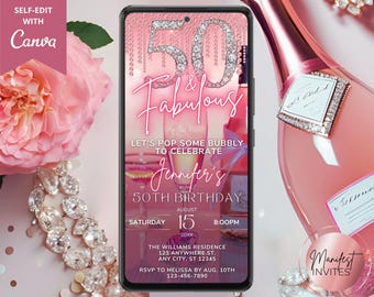Digital 50 and Fabulous 50th Birthday Party Adult Invitation, Pink Champagne Diamonds, Text Evite, Editable Template, Instant Download, PC25