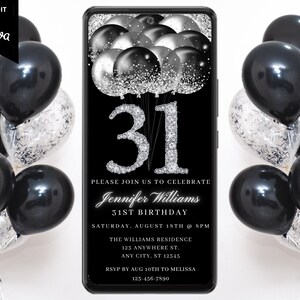 Digital 31st Birthday Black Silver Invitation, Electronic Text Message Evite, Diamond Glitter Balloons, Self-Edit Template, Instant Download