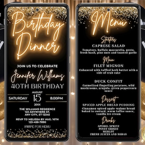Digitales Geburtstagsmenü Schwarz Gold Glitter Glam Party Einladung, elektronischer Telefontext Evite, bearbeitbare Vorlage, Sofort Download