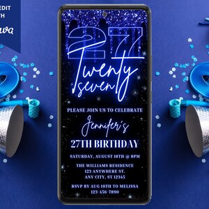 Digital 27th Birthday Party Invitation, Electronic Phone Text Message Evite, Neon Blue Glitter Drip, Editable Template, Instant Download