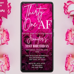 Digital 31 AF Hot Pink Floral Roses 31st Birthday Party Invitation, Electronic Phone Text Message Evite, Editable Template, Instant Download