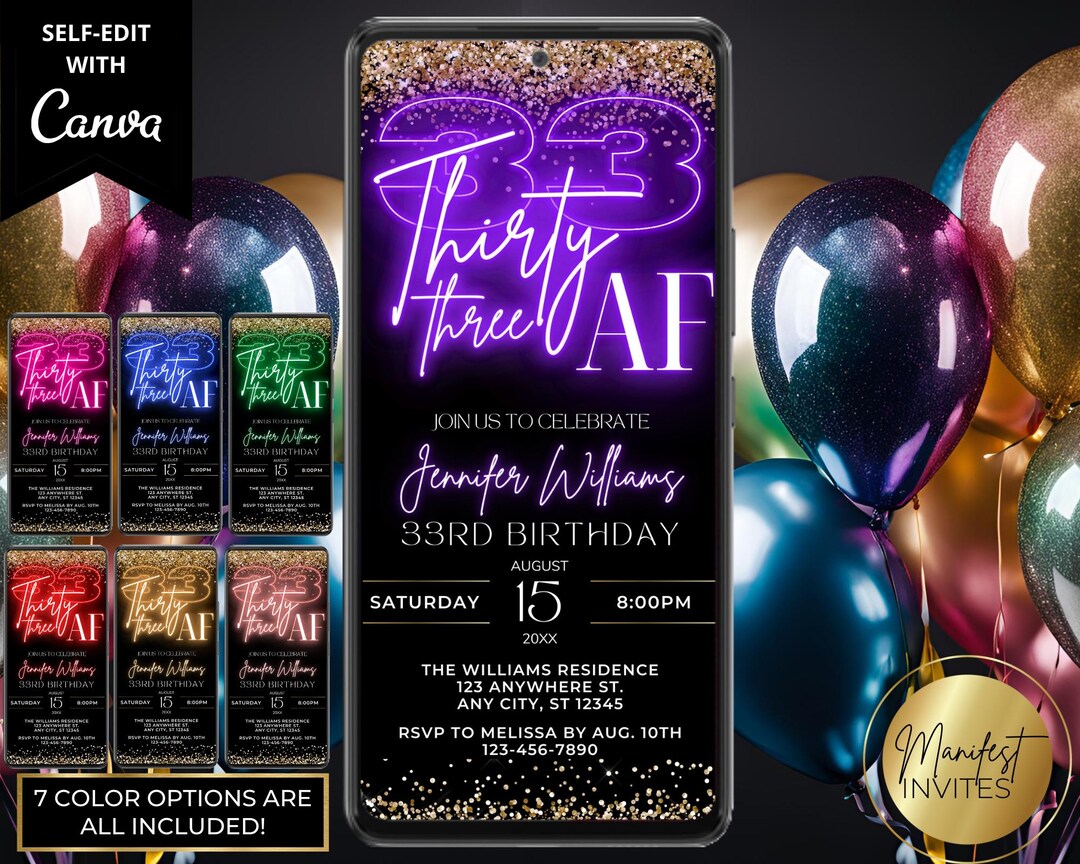 Digital 33 AF 33rd Birthday Neon Gold Glitter Glam Party Adult ...