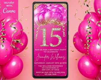 Invitación digital a la fiesta de los globos rosas dorados y diamantes del 15 cumpleaños, texto electrónico del teléfono Evite, plantilla editable, descarga instantánea, DHP3