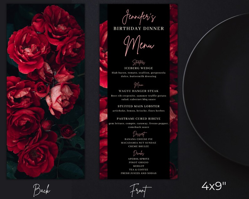 Editable Birthday Dinner Menu Card, Printable Birthday Dinner and Drink Menu Card, Red Floral Roses, Editable Template, Instant Download image 2