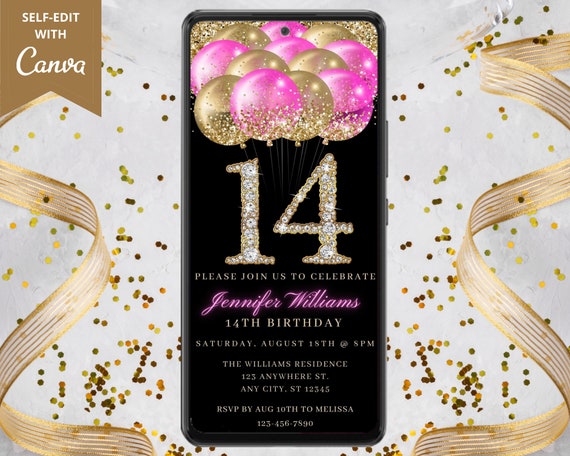 Digital 14th Birthday Invitation 14th Birthday Electronic 