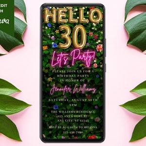 Digital Hello Thirty 30th Birthday Party Invitation, Electronic Text Message Evite, Floral Greenery, Editable Template, Instant Download