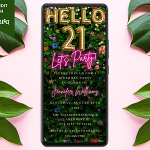 Digital Hello 21 21st Birthday Party Invitation, Electronic Phone Text Message Evite, Floral Greenery, Editable Template, Instant Download