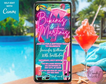 Digital Bikinis and Martinis Birthday Pool Party Invitation, Tropical Summer Luau, Women's Cocktail Pool Party, Editable Canva Template