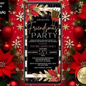 Digital Elegant Freindsmas Poinsettia Christmas Invitation, Friends Holiday Cocktail Party, Text Evite, Editable Template, Instant Download