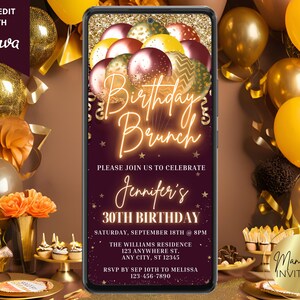 May include: A digital invitation for a birthday brunch with a burgundy background, gold glitter, and gold balloons. The text reads "Birthday Brunch" in neon lights and "Jennifer's 30th Birthday".