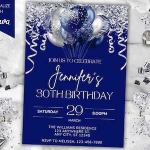 Faire-part de fête d'anniversaire de ballons bleus pailletés argentés modifiables, carte imprimable et texte de téléphone Evite, modèle modifiable, téléchargement immédiat