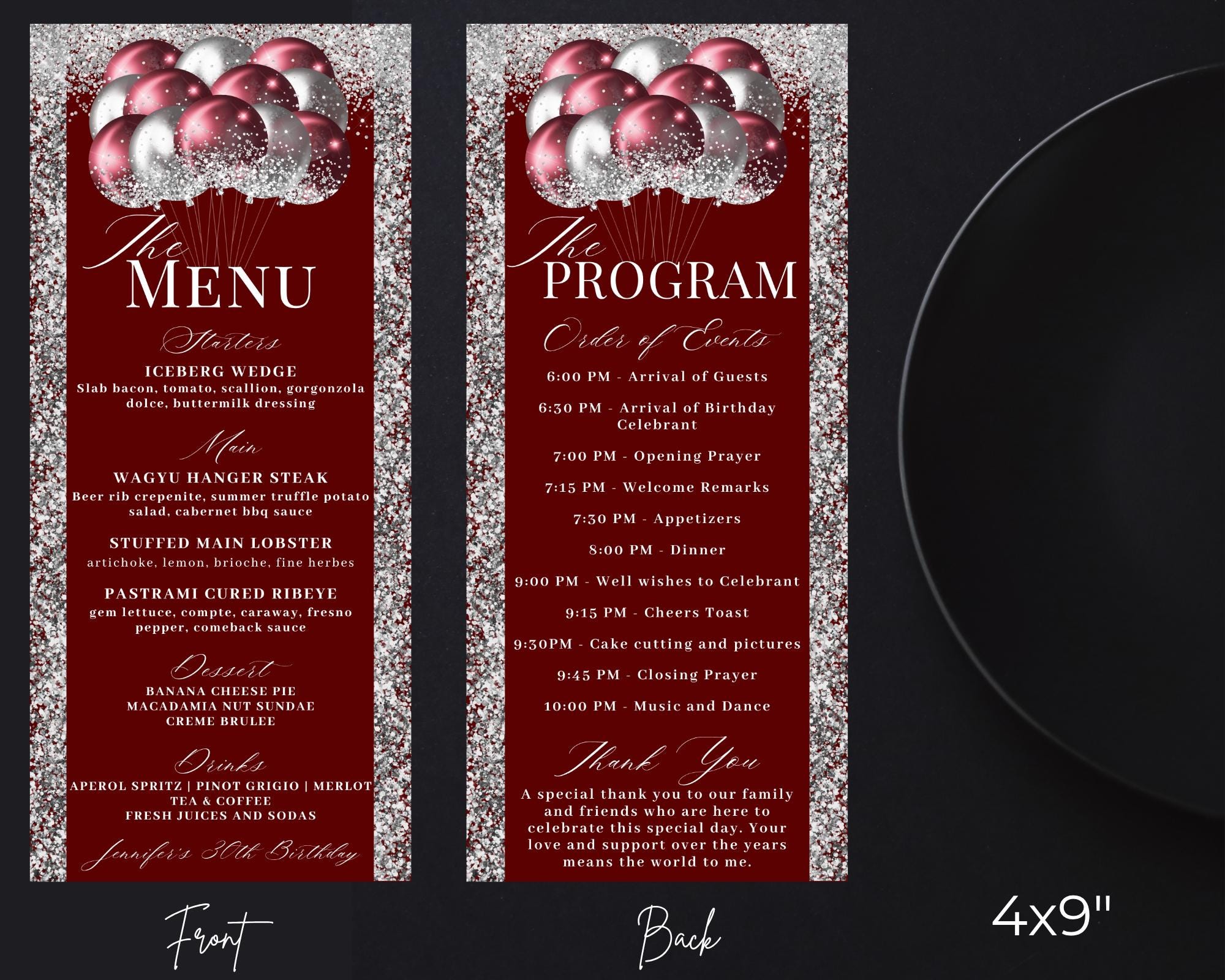 Editable Glam Red Silver Glitter Balloons Menu Program and Thank You ...