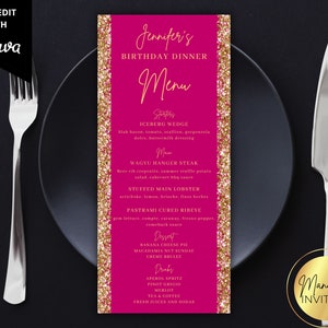 Editable Pink Gold Glitter Birthday Dinner Menu Card, Printable Dinner Party and Drink Menu Card, Editable Template, Instant Download