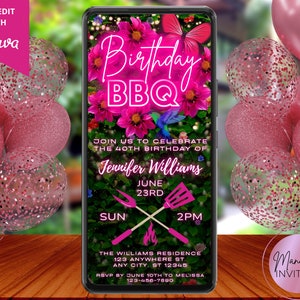 Digital Birthday BBQ Backyard Cookout Party Floral Invitation, Electronic Evite, Pink Neon Greenery, Editable Template, Instant Download