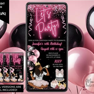 Digital Let&#39;s Party Pink Black Birthday Party Invitation, For Her, Adult, Girls Night, Electronic Evite, Editable Template, Instant Download
