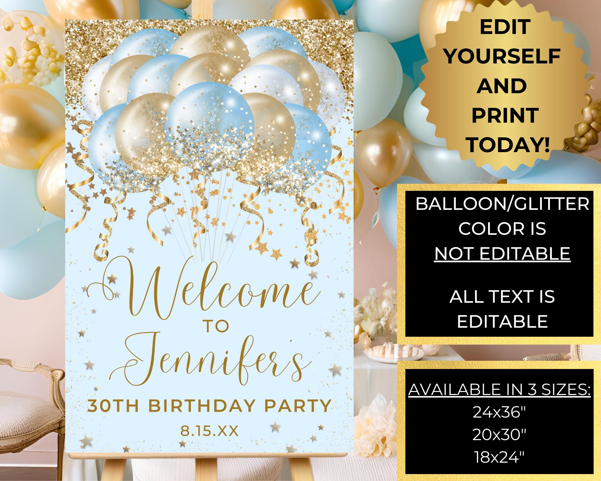 Printable Light Baby Blue Gold Glitter Balloons Welcome Sign, Birthday ...