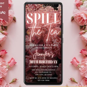 Digital Spill The Tea Blush Pink Neon Floral Birthday Party Invitation, Digital Mobile Phone Text Evite, Editable Template, Instant Download