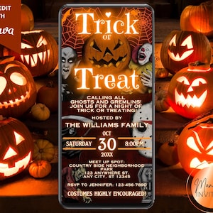 Digital Halloween Fun Friends and Family Trick or Treat Monsters Invitation, Fall Party, Phone Evite, Editable Template, Instant Download image 1