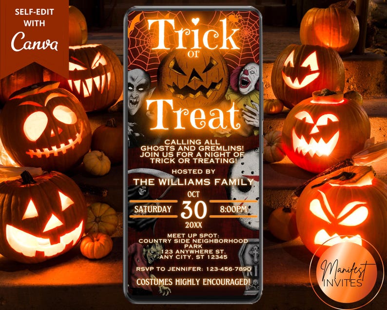 Digital Halloween Fun Friends and Family Trick or Treat Monsters Invitation, Fall Party, Phone Evite, Editable Template, Instant Download image 1