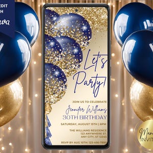 Digital Elegant Let&#39;s Party Navy Blue Gold Glam Glitter Balloons Birthday Party Invitation, Phone Evite, Editable Template, Instant Download