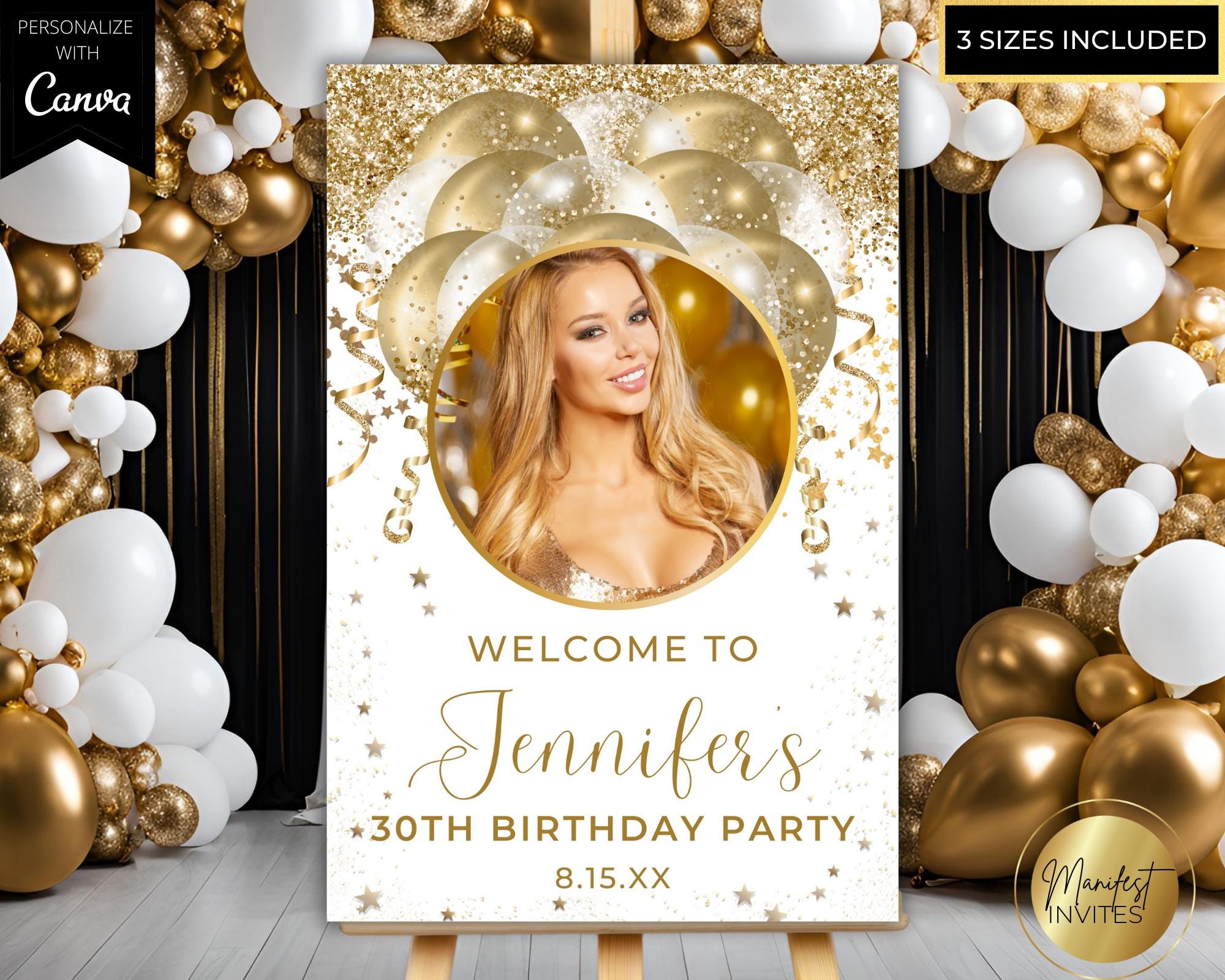 Editable Photo White Gold Balloons Party Welcome Sign Template, Graduation Sign, Printable Birthday Decor, Canva Template, Instant Download