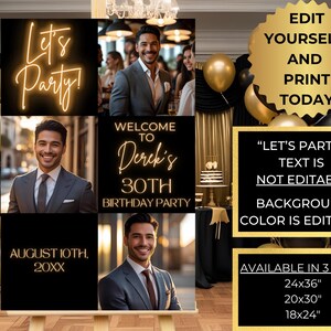 Puede incluir: Un letrero de fiesta de cumplea&ntilde;os negro y dorado con el texto "Let's Party!" y "Bienvenido a la fiesta de 30 cumplea&ntilde;os de Derek". El letrero incluye fotos de un hombre con traje y est&aacute; disponible en 3 tama&ntilde;os: 61x91cm, 51x76cm y 46x61cm.