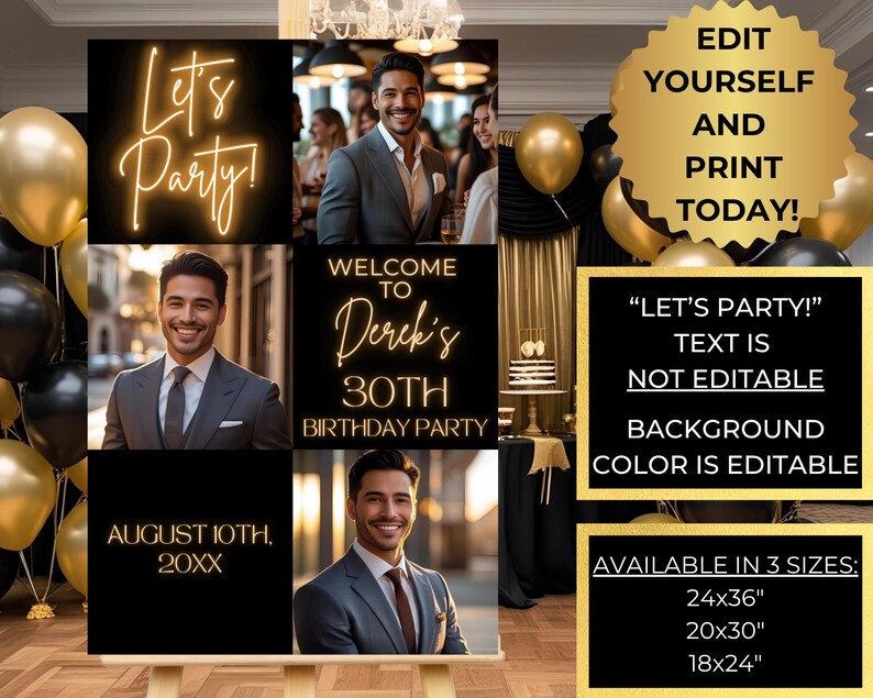 Puede incluir: Un letrero de fiesta de cumplea&ntilde;os negro y dorado con el texto "Let's Party!" y "Bienvenido a la fiesta de 30 cumplea&ntilde;os de Derek". El letrero incluye fotos de un hombre con traje y est&aacute; disponible en 3 tama&ntilde;os: 61x91cm, 51x76cm y 46x61cm.