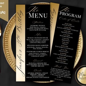 Puede incluir: Tarjetas de menú y programa de cumpleaños en negro y dorado con escritura elegante. El menú enumera entrantes, platos principales, postres y bebidas. El programa describe el orden de los eventos.