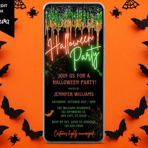 Digital Halloween Party Invitation, Electronic Halloween Invite, Orange Green Neon Glitter Spiderweb, Editable Template, Instant Download
