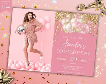 Editable Photo Pink Gold Glitter Balloons Birthday Party Invitation, Printable Card and Text Evite, Editable Template, Instant Download