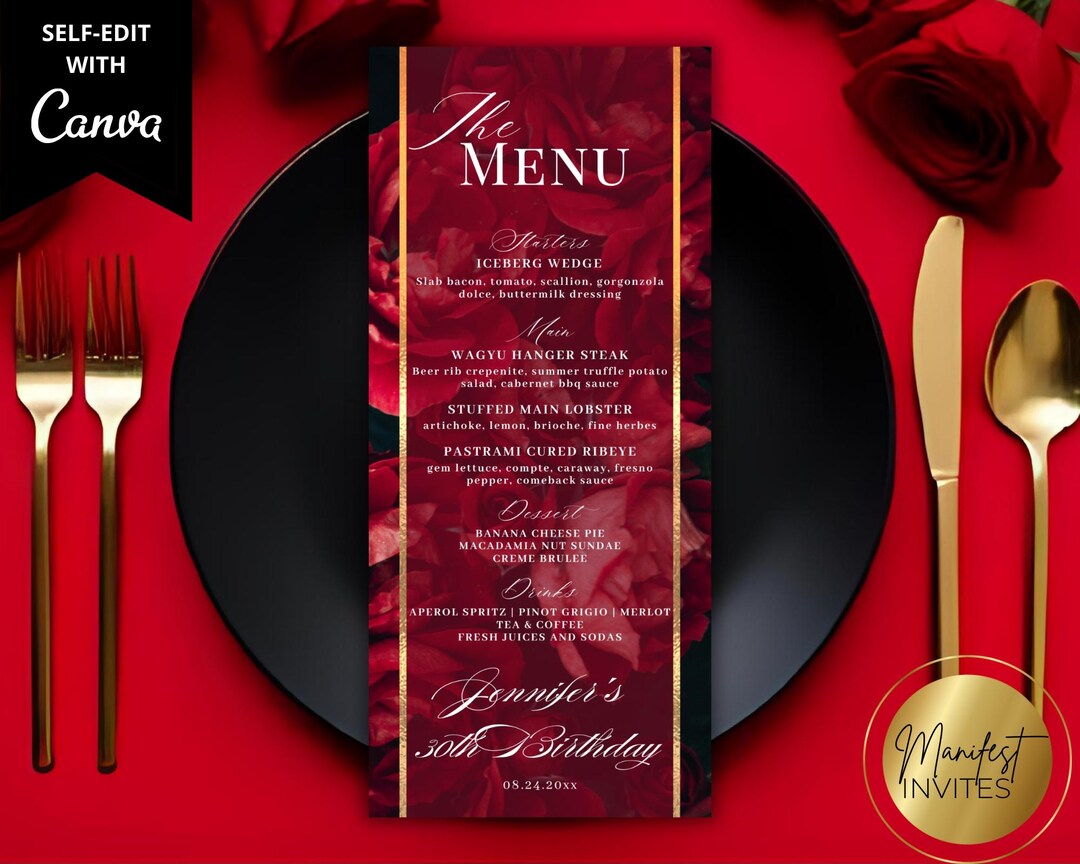 Editable Elegant Red Floral Roses Dinner Menu and Drink Card, Birthday ...