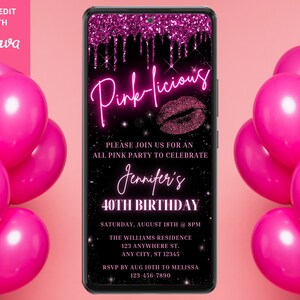Digital Pinklicious Pink Birthday Party Invite, Electronic Phone Evite, Neon Pink Glitter Drip, Editable Template, Instant Download, PGD7