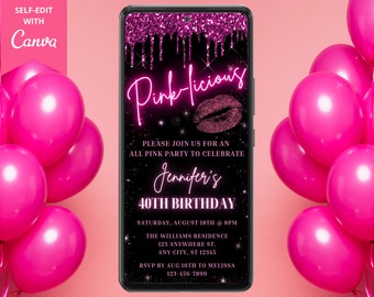 Digital Pinklicious Pink Birthday Party Invite, Electronic Phone Evite, Neon Pink Glitter Drip, Editable Template, Instant Download, PGD7