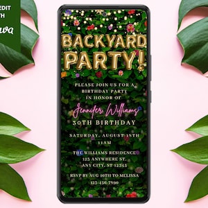 Digital Birthday Backyard Party Invitation, Electronic Phone Text Evite, Summer Party, Floral Greenery, Editable Template, Instant Download