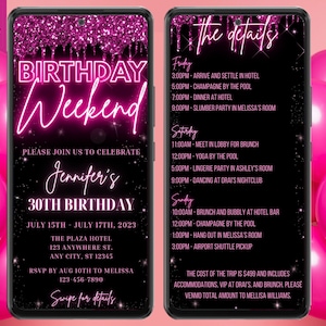 Digital Birthday Weekend Itinerary Invitation, Electronic Phone Evite, 3 Day Trip, Pink Neon Glitter, Editable Template, Instant Download