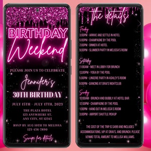 Digital Birthday Weekend Itinerary Invitation, Electronic Phone Evite, 3 Day Trip, Pink Neon Glitter, Editable Template, Instant Download