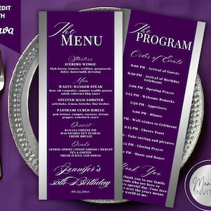Modello di menu e programma per eventi viola e argento moderno modificabile, nota di ringraziamento, ordine del giorno dell'evento, programma dei tavoli, download immediato