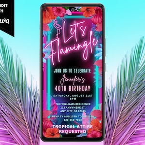 Digital Tropical Let&#39;s Flamingle Luau Birthday Party Invitation, Electronic Phone Text Evite, Pink Teal Neon, Instant Download Template PTT2