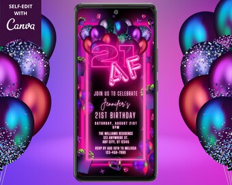 Digital 21 AF 21st Birthday Party Pink Neon Balloons Invitation, Electronic Phone Text Evite, Editable Template, Instant Download, PNB4