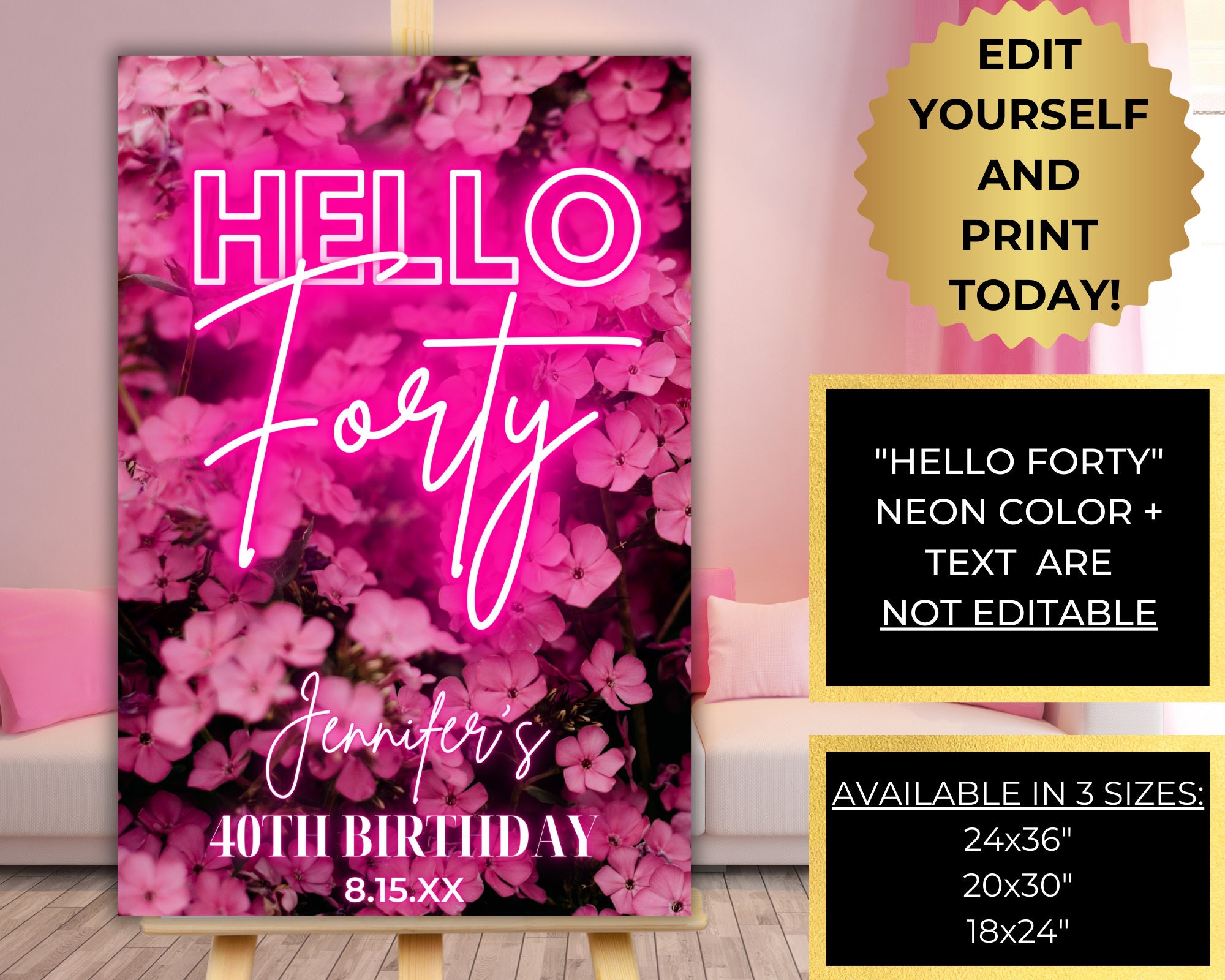 Printable Hello Forty 40th Birthday Party Pink Floral Welcome Entrance ...