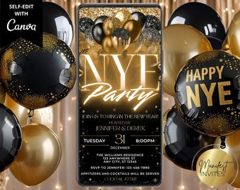 May include: A digital New Year's Eve party invitation displayed on a smartphone screen, featuring black and gold balloons, the text NYE Party, Join us to ring in the New Year, hosted by Jennifer and Derek, Tuesday 31 December, 8:00PM, and address.