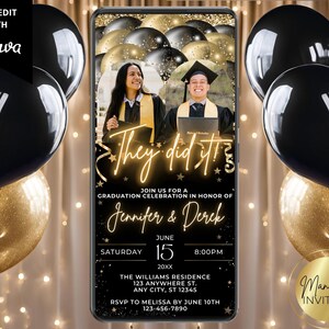 Digitale schwarze Goldballons Doppel-Abschlussfeier Fotoeinladung, 2-Personen-Abschlussfeier, Text Evite, bearbeitbare Vorlage, Sofort-Download