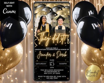 Digital Black Gold Balloons Double Graduation Party Photo Invitation, 2 Person Grad Party, Text Evite, Editable Template, Instant Download