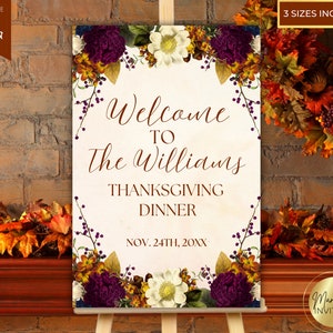 Editable Thanksgiving Dinner Welcome Sign, Autumn Florals, Printable Fall Themed Welcome Party Sign, Editable Template, Instant Download